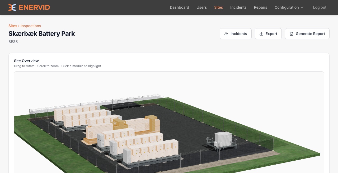 BESS inspection view: a 3D digital twin of a battery storage site with containers and equipment