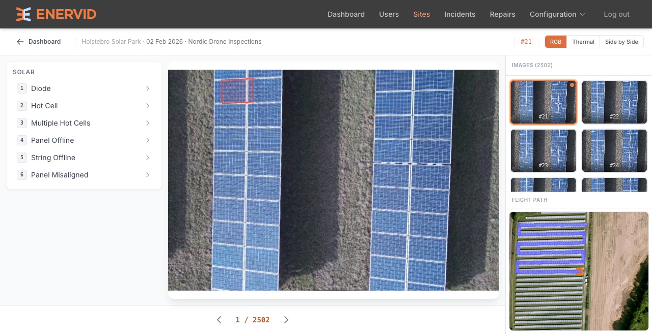 Solar panel inspection viewer: a defect annotated on high-resolution drone imagery, a thumbnail filmstrip, and the drone flight path