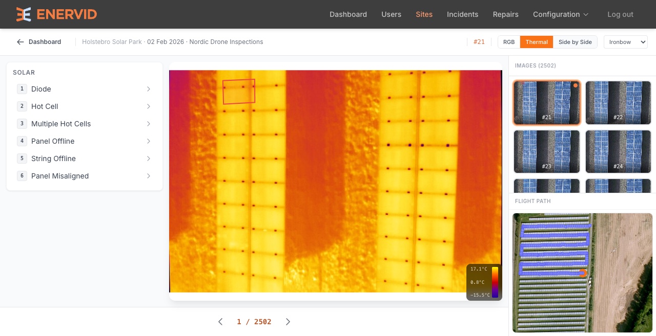 Thermal inspection view of a solar array with a temperature scale and hot-spot markers