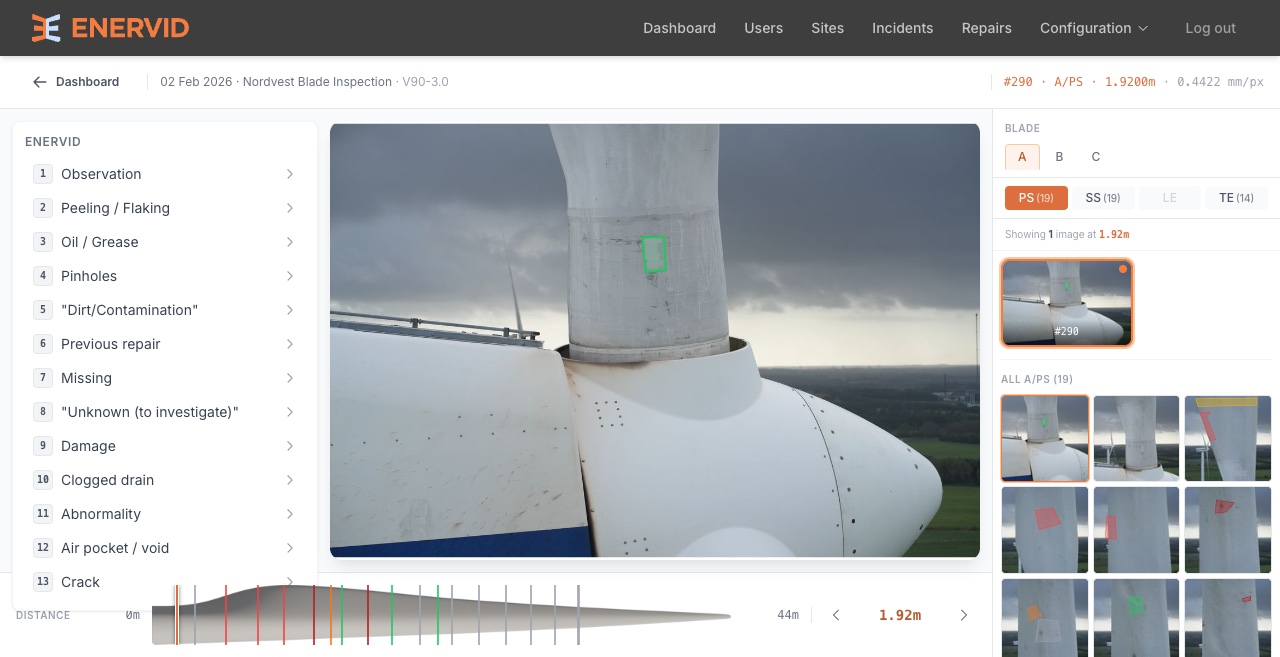 Wind turbine blade inspection viewer: a drone image of a blade with a defect annotated, a defect-type legend, and a blade-position navigator